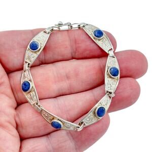 Vintage Sterling Silver 950 Lapis Lazuli Link Bracelet 7"